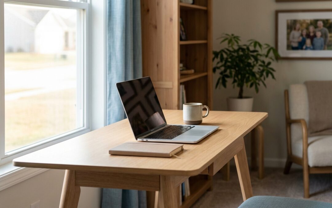 Modern home office workspace in Indiana with laptop and security setup representing remote work security for Anderson businesses