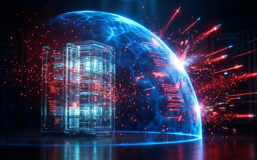 Digital security shield protecting data servers against ransomware threats representing proactive defense for Muncie businesses
