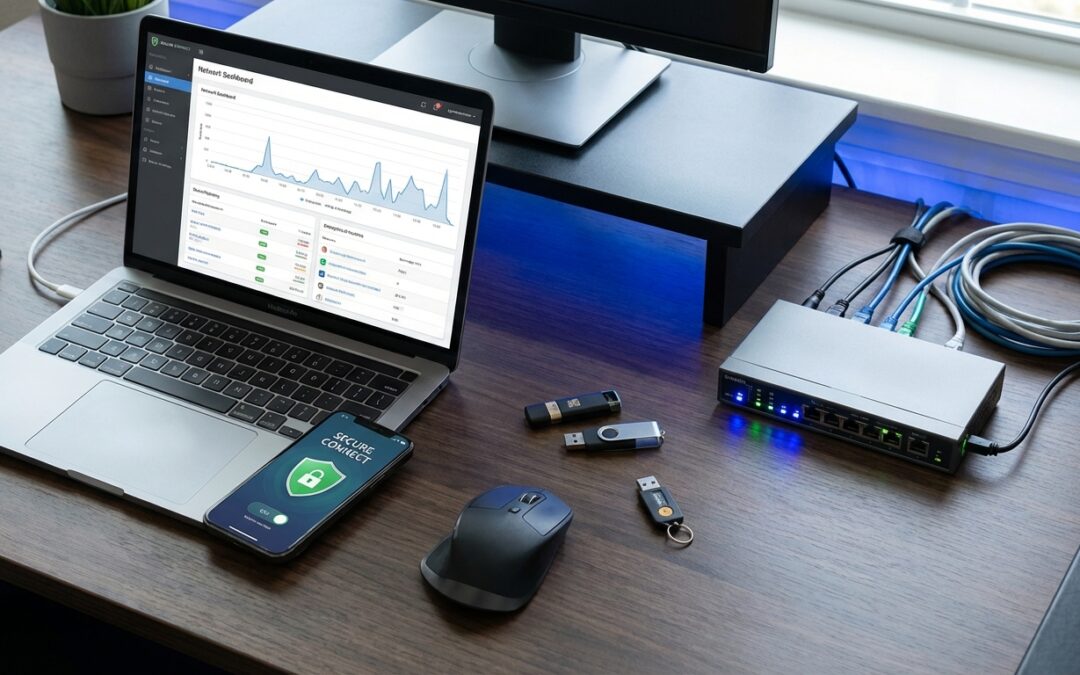 Modern office technology setup with security layers representing Zero Trust architecture implementation for New Castle businesses
