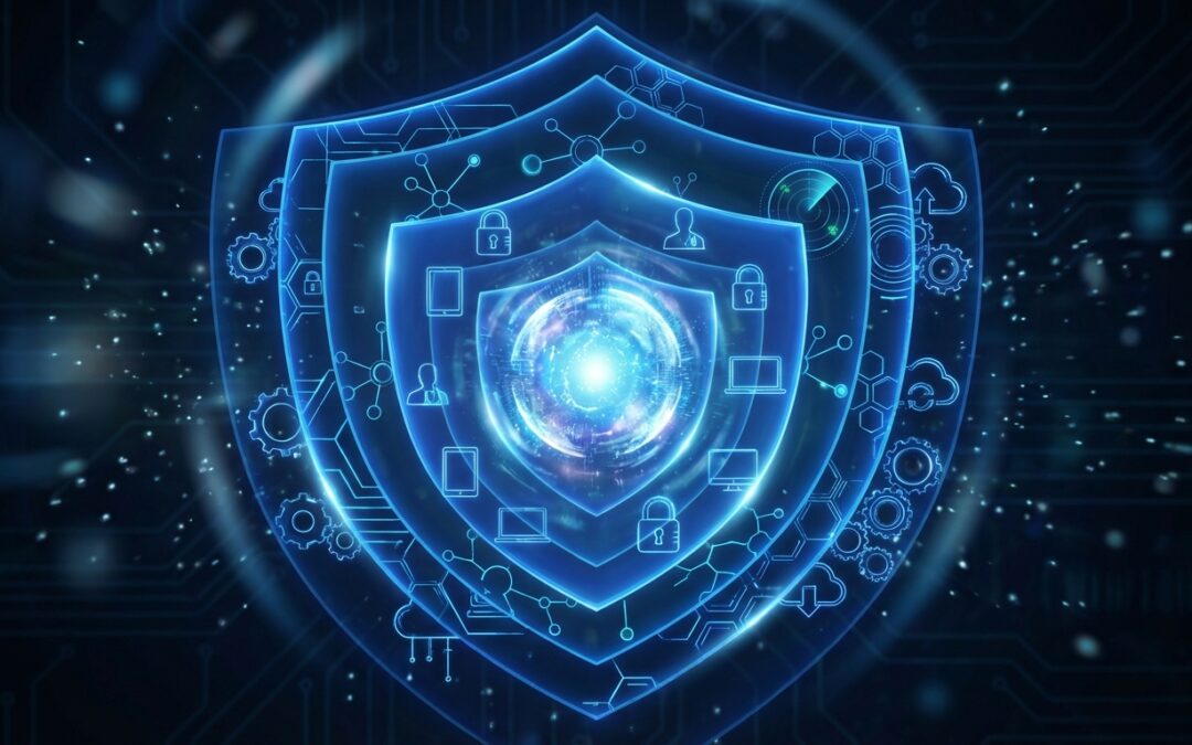 Conceptual visualization of five protective security layers surrounding business data representing comprehensive MSP security for Kokomo businesses