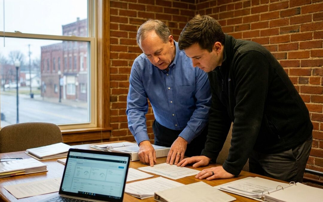 Anderson Indiana business owner reviewing cyber insurance renewal requirements with IT advisor
