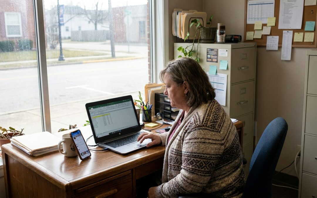 Muncie Indiana office worker using a business laptop with a personal smartphone nearby to illustrate personal browsing business security risk.