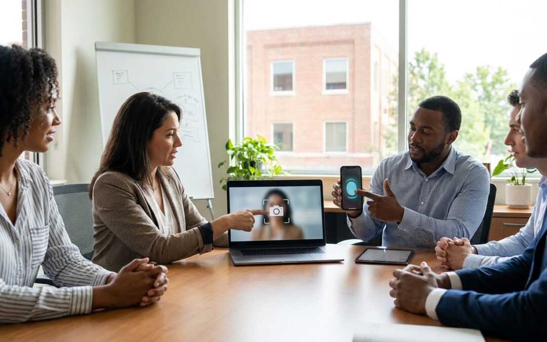 Anderson Indiana business team reviewing passkey migration on laptops and phones in a modern office meeting room.