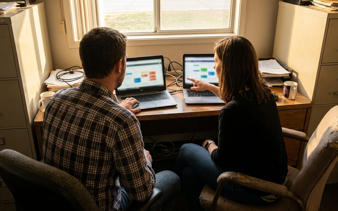 Richmond Indiana IT administrator and office manager reviewing SaaS offboarding access on a laptop in a small business office.