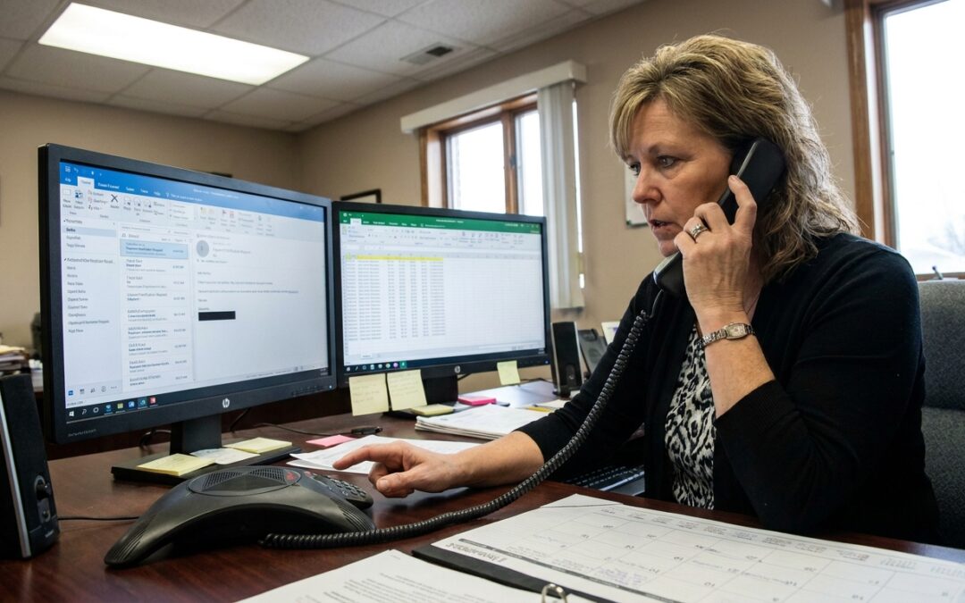 New Castle Indiana accounts payable employee verifying an invoice by phone while reviewing email at a desktop workstation.