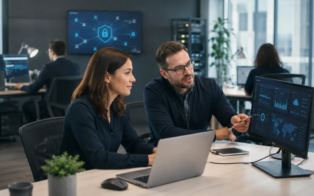 IT professional reviewing managed technology and cybersecurity systems with a Muncie business owner