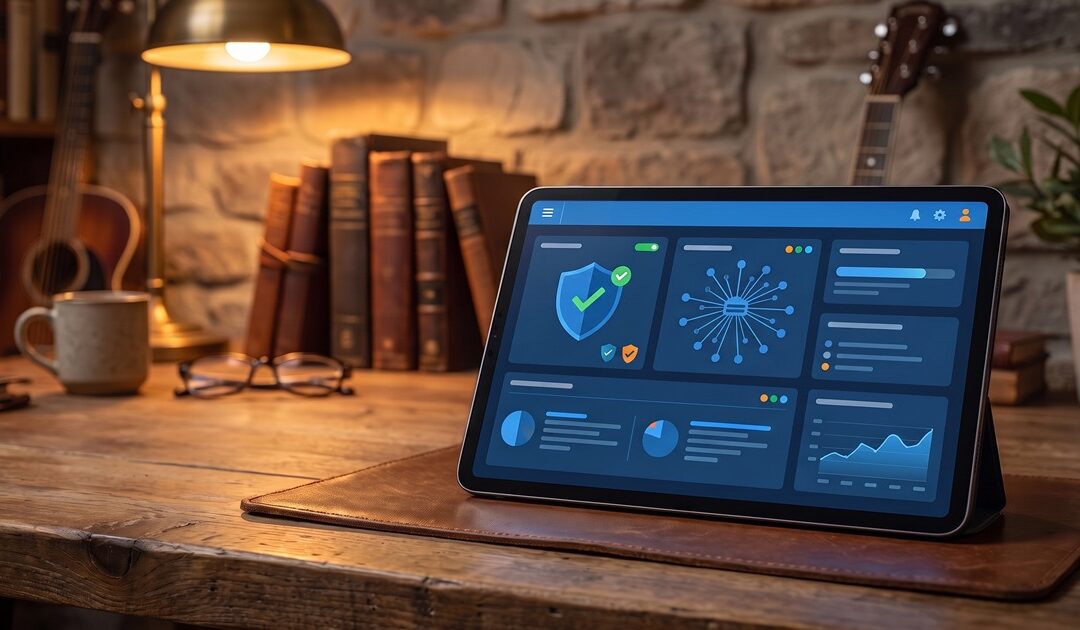 A secure digital IT portal on a tablet beside an acoustic guitar on a rustic wooden desk.