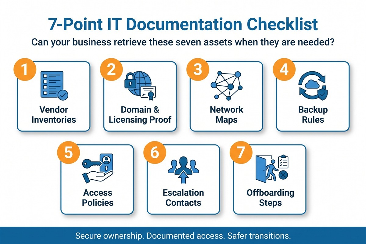 Seven-point IT documentation checklist covering inventory, ownership, network architecture, backups, access, emergency contacts, and handoff procedures.