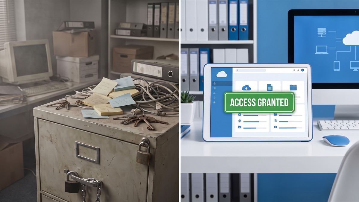 A split comparison showing a locked, disorganized file cabinet opposite a clean digital dashboard with authorized access.