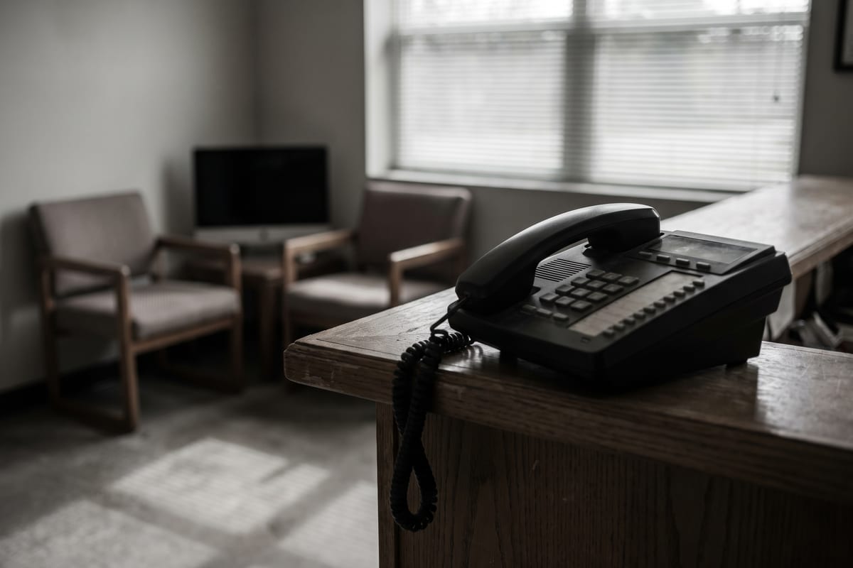 Unanswered desk phone in an empty small-business office, showing why Muncie businesses need cloud phone rerouting when the office is unreachable.