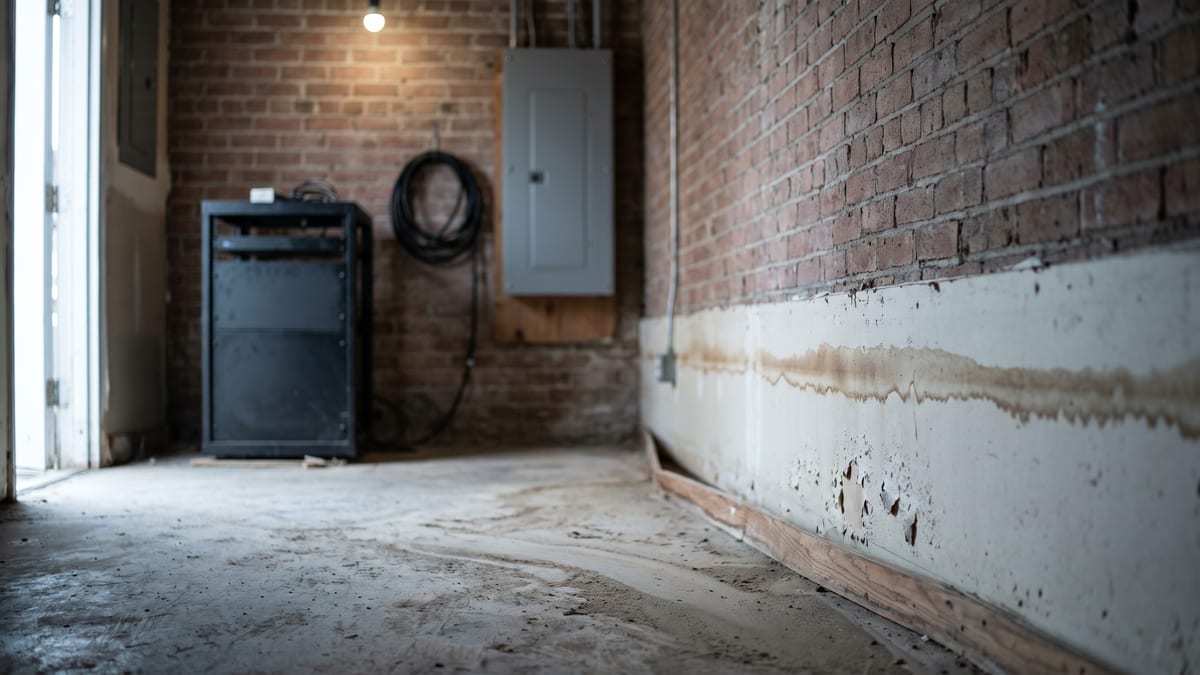 Floodwater line staining the wall of a small business network room, showing the risk of keeping servers and backups in a single Muncie building.
